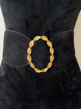 Vintage Nan Lewis Wide Black Stretch Belt Gold Tone Buckle S/M
